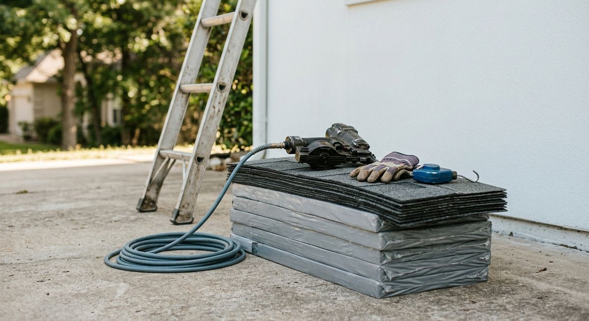 Shingle bundles, nail gun, and coiled air hose staged at the base of a ladder