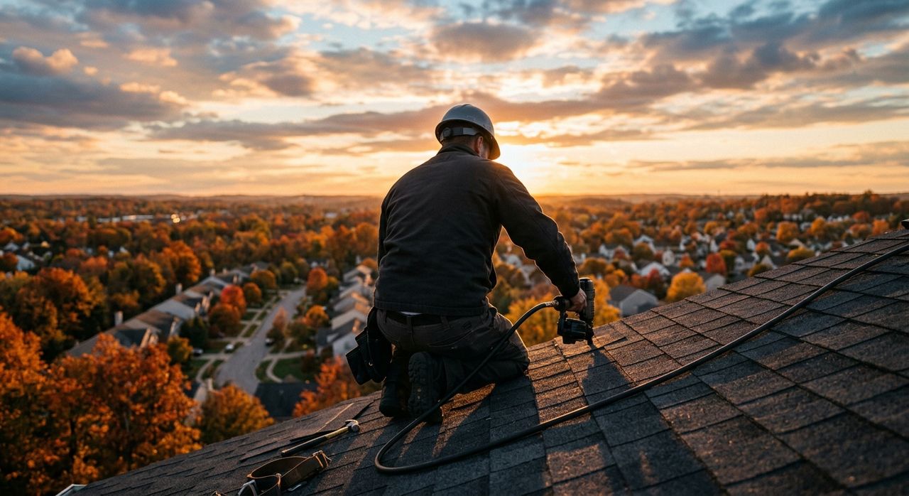 Roofer kneeling on a steep shingle roof at sunset, nail gun in hand, neighborhood below